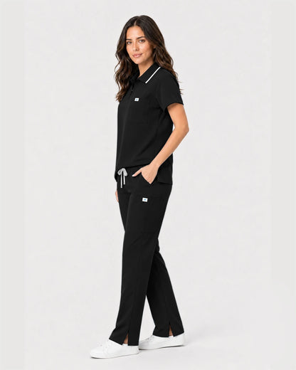 Black Eipnare Women's Zip Polo Straight-Leg Scrub Set - Stretch Medical Scrubs for Women