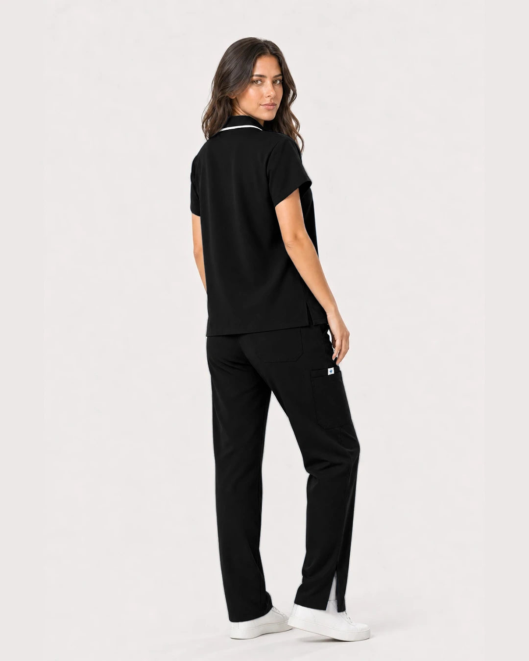 Black Eipnare Women's Zip Polo Straight-Leg Scrub Set - Stretch Medical Scrubs for Women