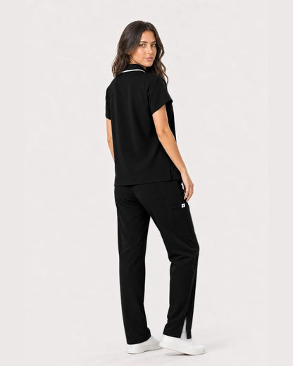 Black Eipnare Women's Zip Polo Straight-Leg Scrub Set - Stretch Medical Scrubs for Women