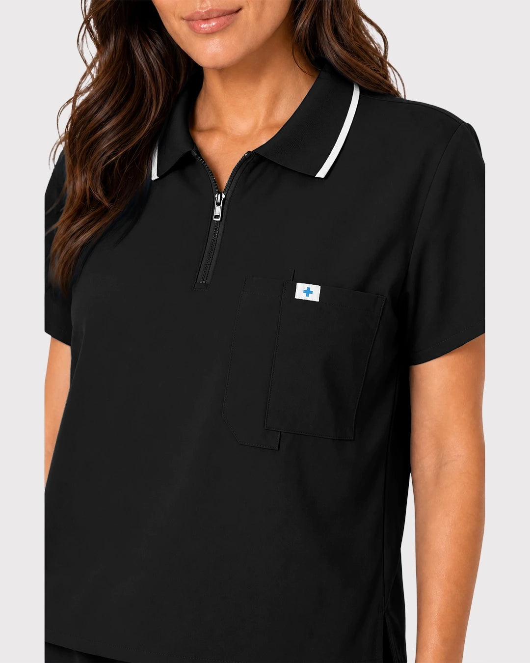 Black Eipnare Women's Zip Polo Straight-Leg Scrub Set - Stretch Medical Scrubs for Women