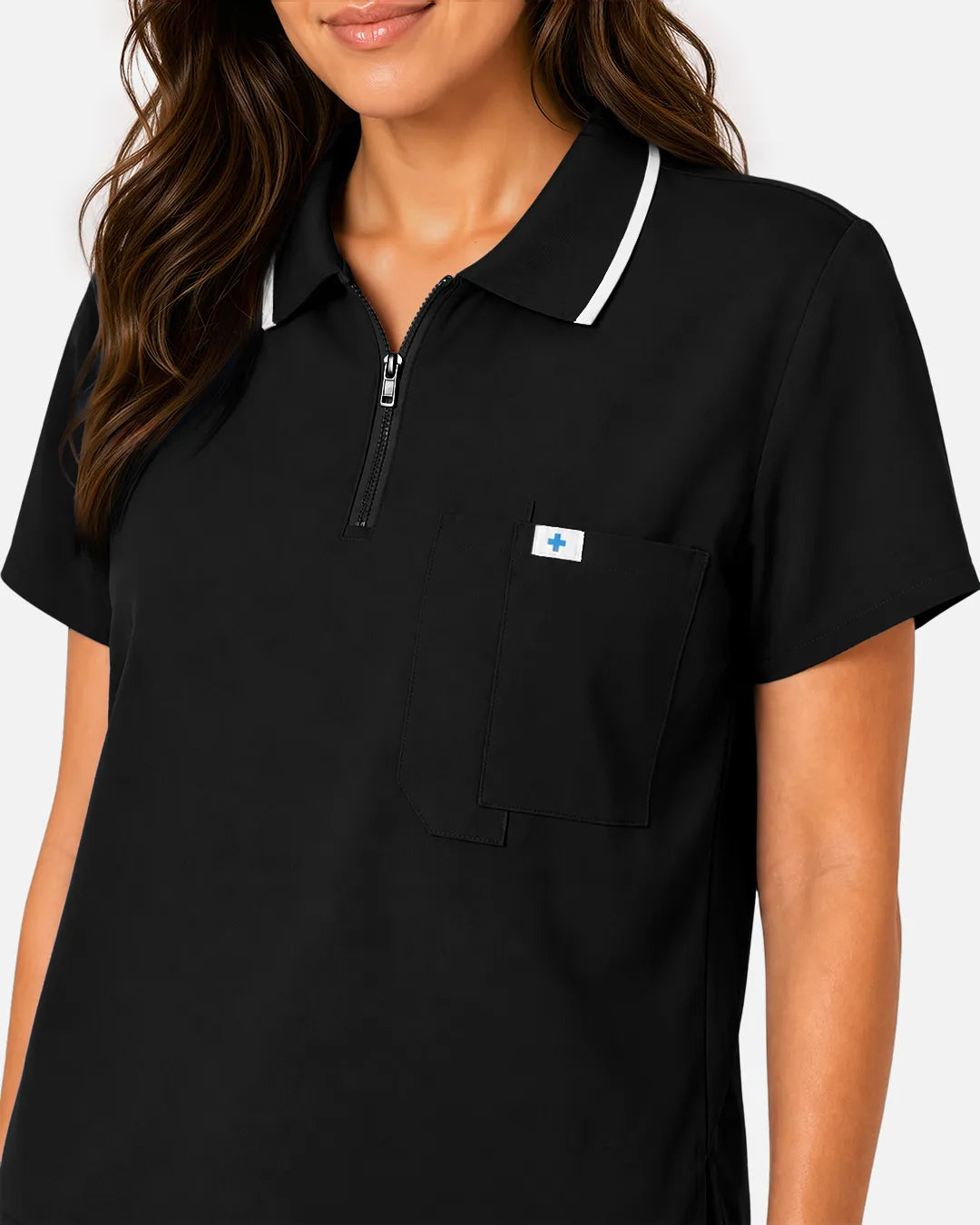 Black Eipnare Women's Polo-Collar Medical Scrub Top - Stretch Medical Scrubs for Women