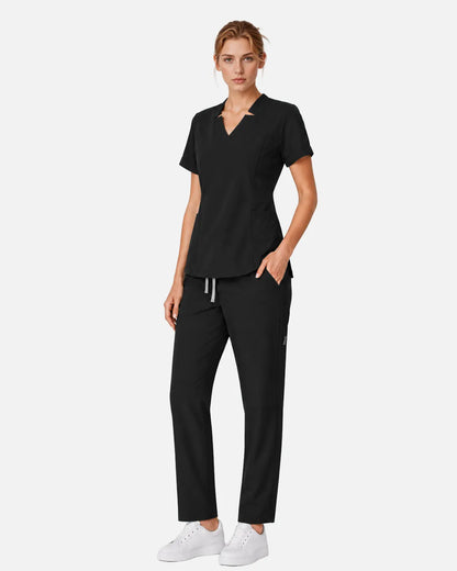 Black Eipnare Women's Split V-Neck Tapered Scrub Set - Stretch Medical Scrubs for Women