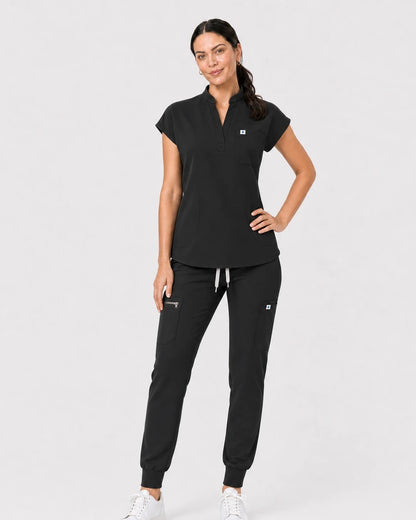 Black Eipnare Women's 8-Pocket V-Neck Jogger Scrub Set - Stretch Medical Scrubs for Women