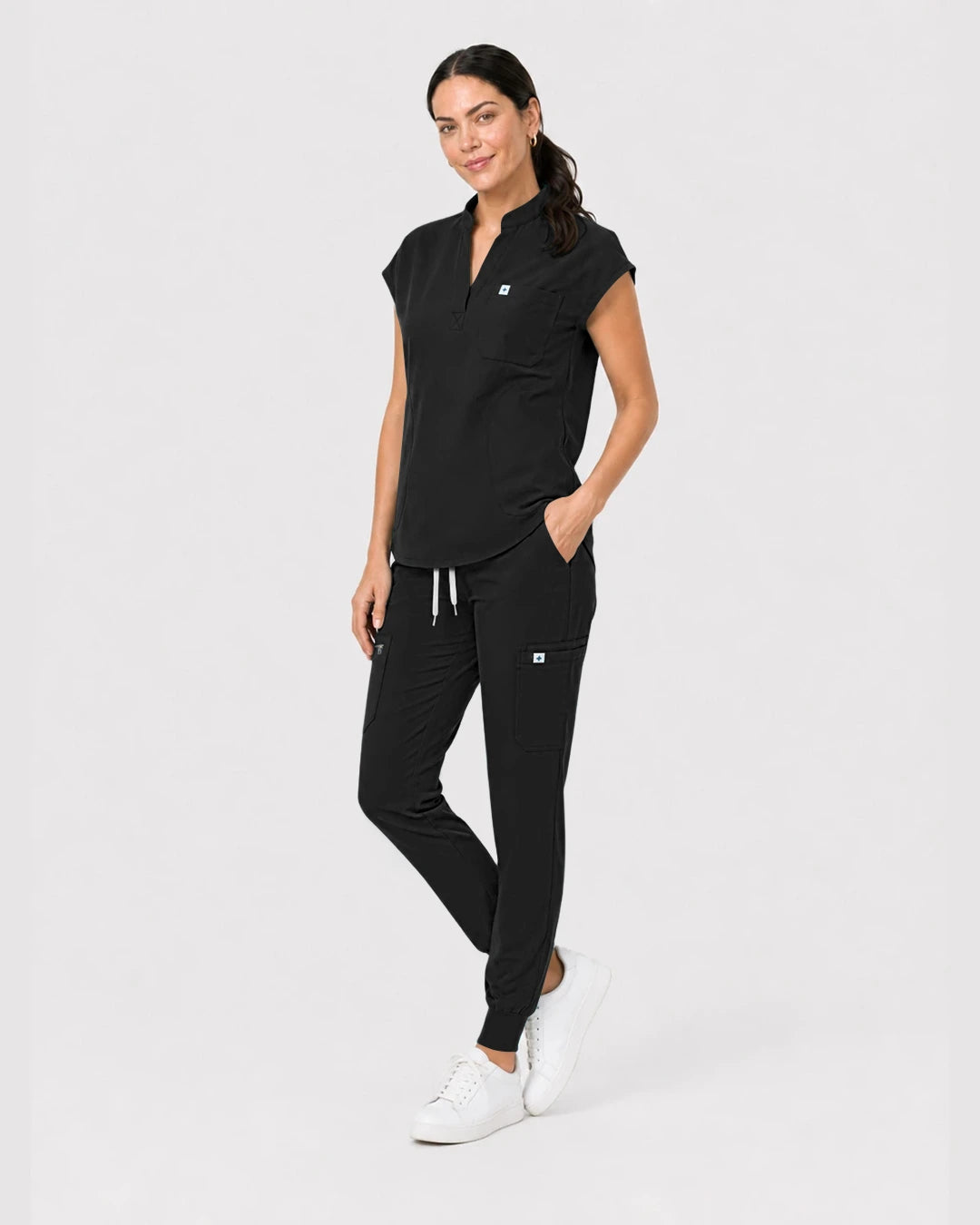 Black Eipnare Women's Henley Sleeveless Jogger Scrub Set - Stretch Medical Scrubs for Women
