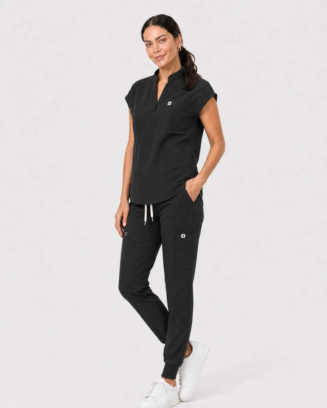 Black Eipnare Women's 8-Pocket V-Neck Jogger Scrub Set - Stretch Medical Scrubs for Women