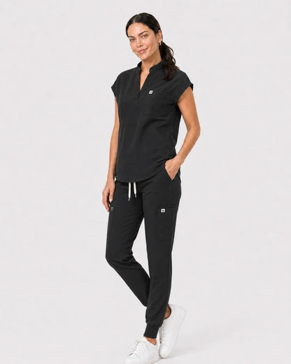 Black Eipnare Women's 8-Pocket V-Neck Jogger Scrub Set - Stretch Medical Scrubs for Women