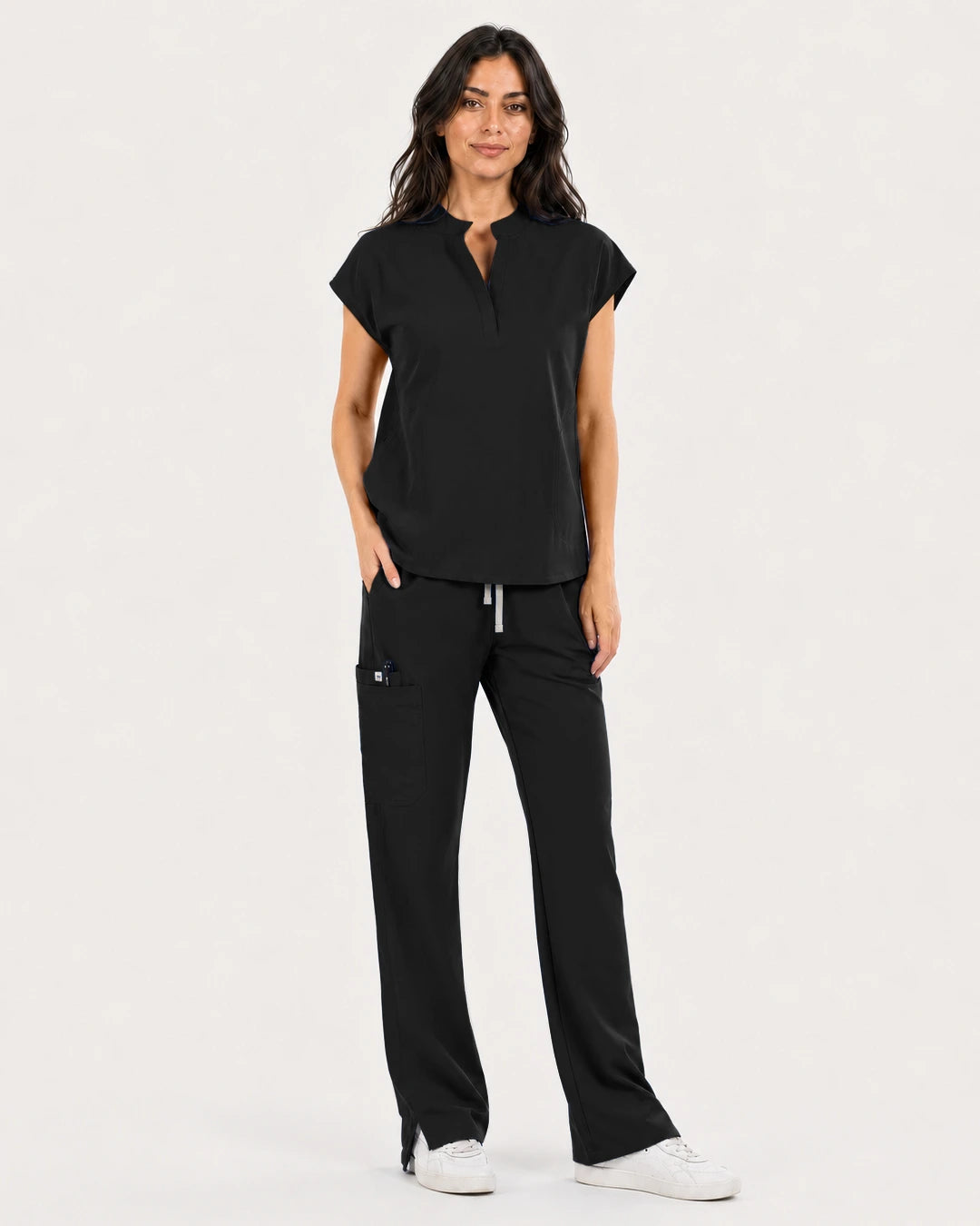 Black Eipnare Women's Mandarin Sleeveless Straight-Leg Scrub Set - Stretch Medical Scrubs for Women