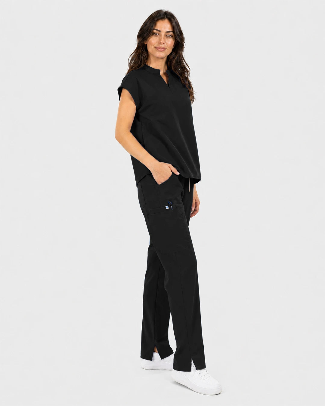 Black Eipnare Women's Mandarin Sleeveless Straight-Leg Scrub Set - Stretch Medical Scrubs for Women
