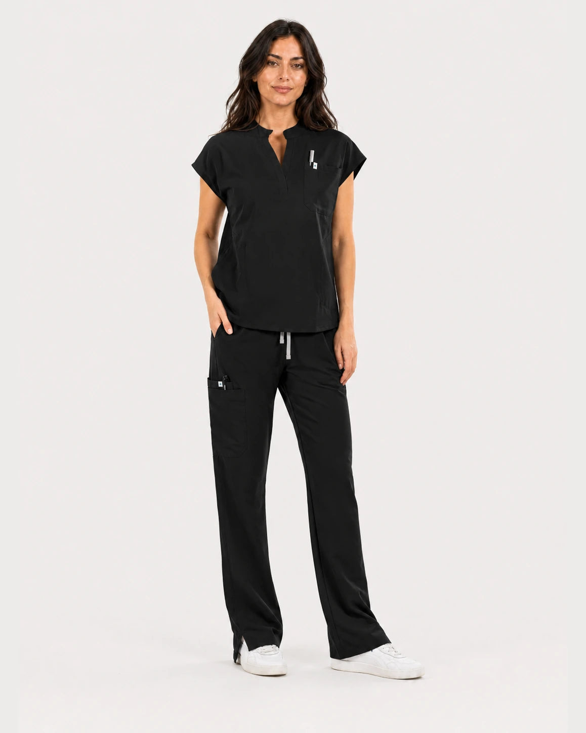 Black Eipnare Women's 9-Pocket V-Neck Jogger Scrub Set - Stretch Medical Scrubs for Women
