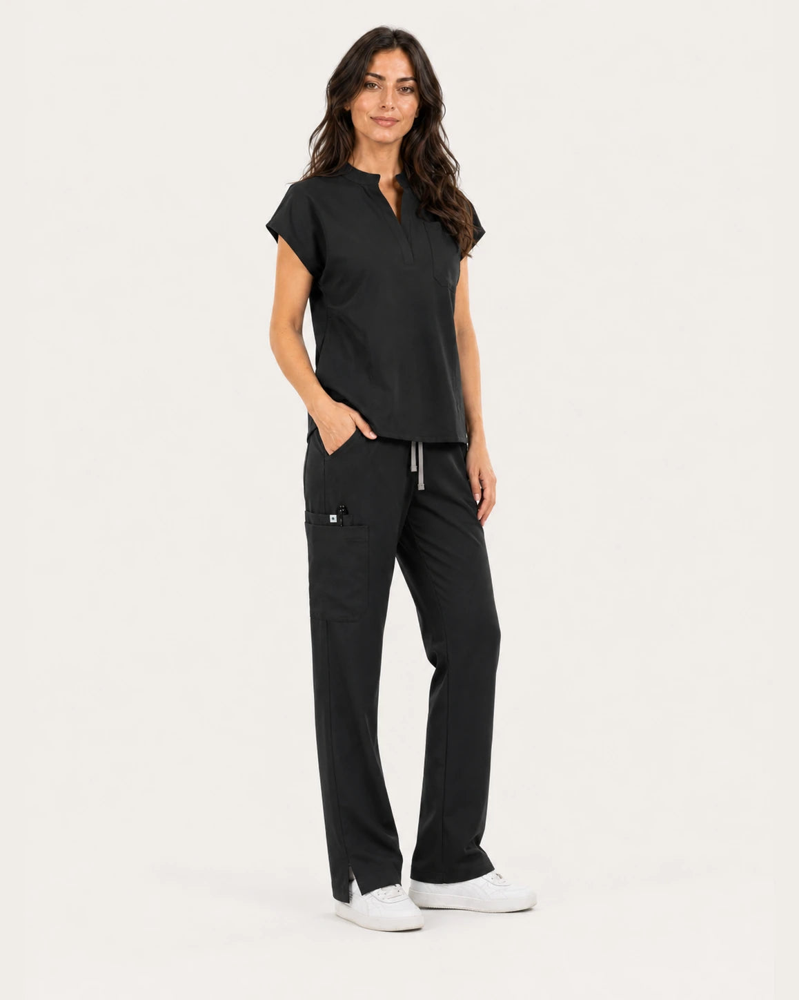 Black Eipnare Women's 9-Pocket V-Neck Jogger Scrub Set - Stretch Medical Scrubs for Women