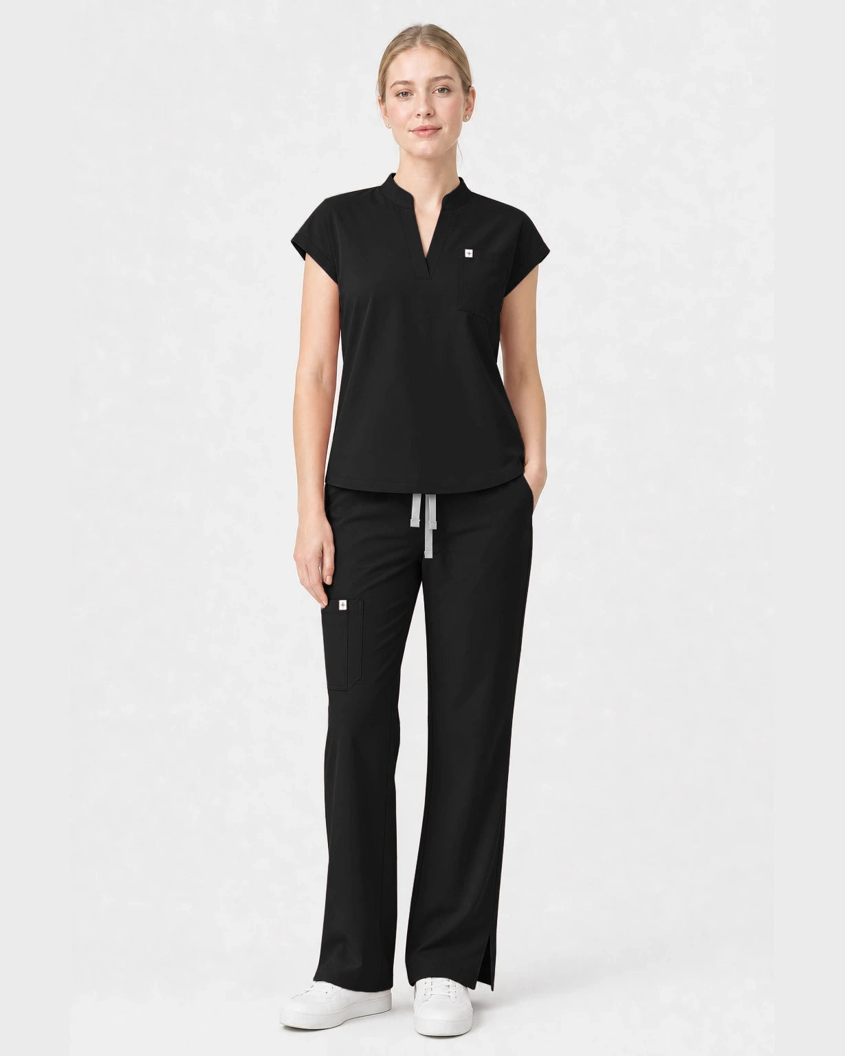 Black Eipnare Women's Henley Sleeveless Straight-Leg Scrub Set - Stretch Medical Scrubs for Women