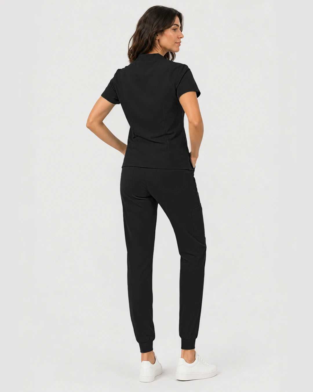 Black Eipnare Women's Notch V-Neck Cargo Jogger Scrub Set - Stretch Medical Scrubs for Women