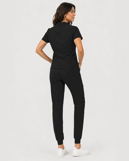 Black Eipnare Women's Notch V-Neck Cargo Jogger Scrub Set - Stretch Medical Scrubs for Women