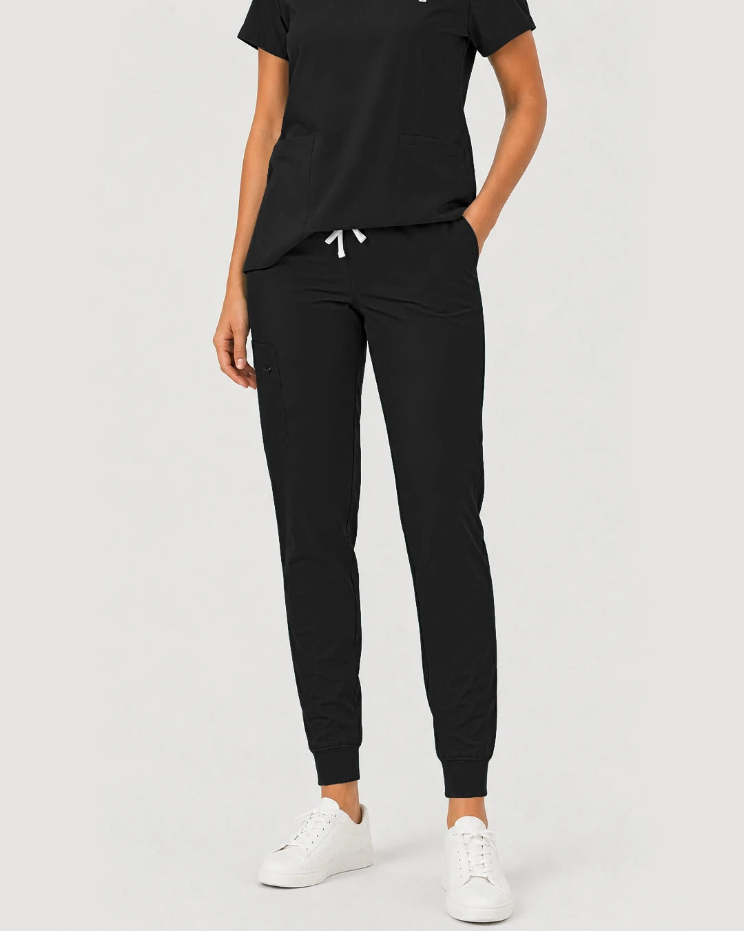 Black Eipnare Women's Notch V-Neck Cargo Jogger Scrub Set - Stretch Medical Scrubs for Women