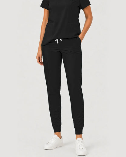 Black Eipnare Women's Notch V-Neck Cargo Jogger Scrub Set - Stretch Medical Scrubs for Women