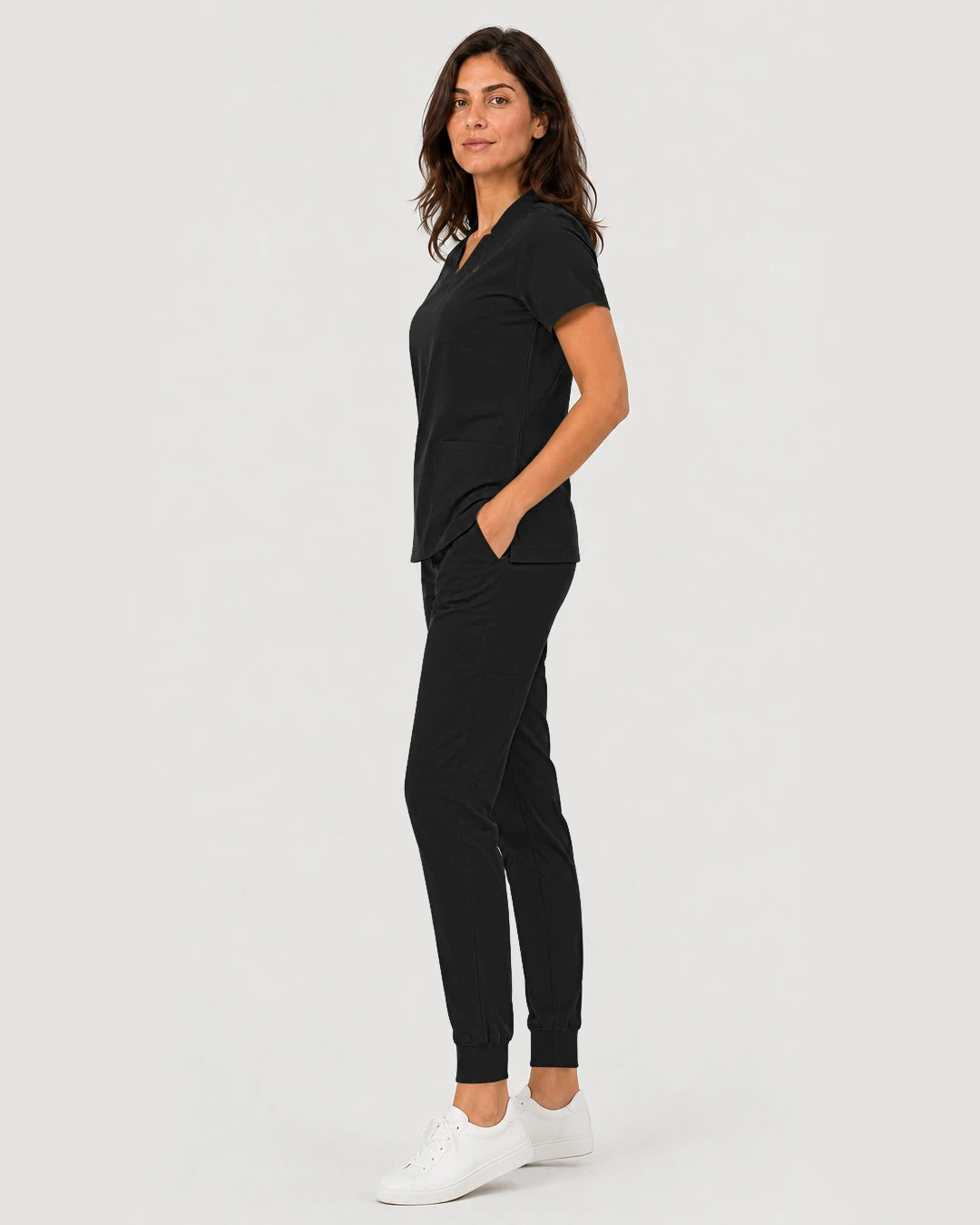 Black Eipnare Women's Notch V-Neck Cargo Jogger Scrub Set - Stretch Medical Scrubs for Women