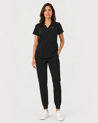 Black Eipnare Women's Notch V-Neck Cargo Jogger Scrub Set - Stretch Medical Scrubs for Women