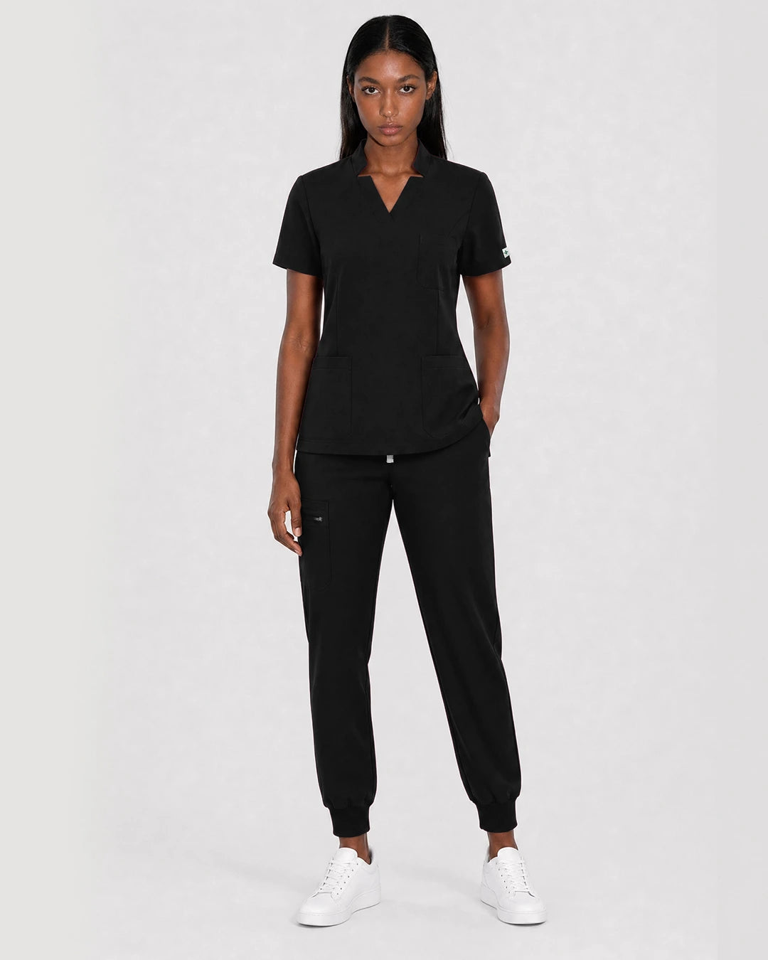 Black Eipnare Women's Split V-Neck Cargo Jogger Scrub Set - Stretch Medical Scrubs for Women