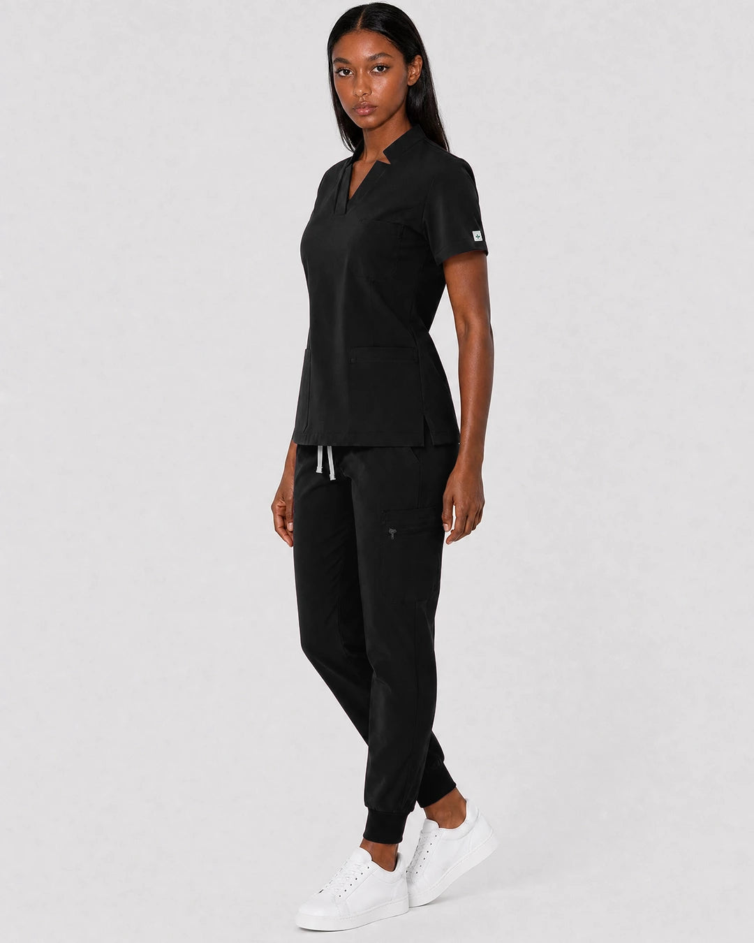 Black Eipnare Women's Split V-Neck Cargo Jogger Scrub Set - Stretch Medical Scrubs for Women