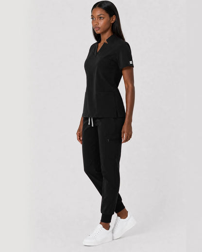 Black Eipnare Women's Split V-Neck Cargo Jogger Scrub Set - Stretch Medical Scrubs for Women