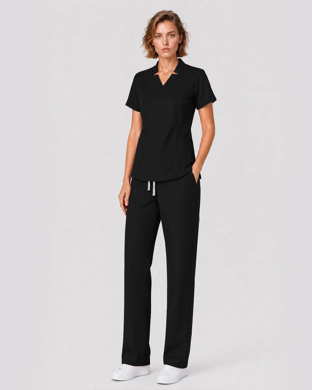 Black Eipnare Women's Split V-Neck Tapered Scrub Set - Stretch Medical Scrubs for Women