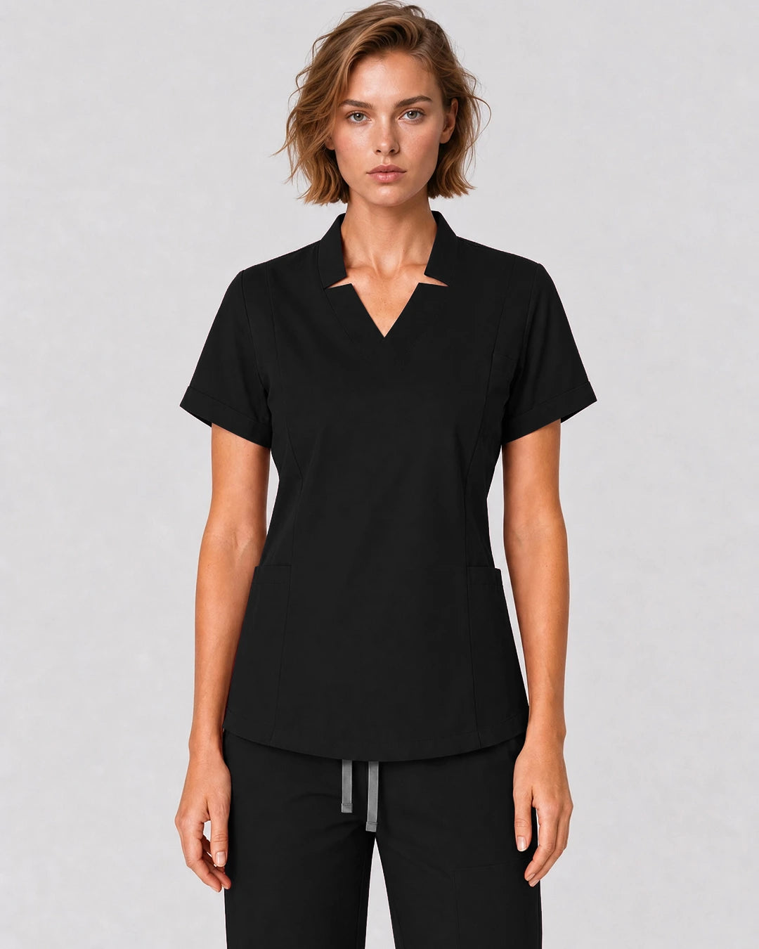 Black Eipnare Women's Split V-Neck Tapered Scrub Set - Stretch Medical Scrubs for Women