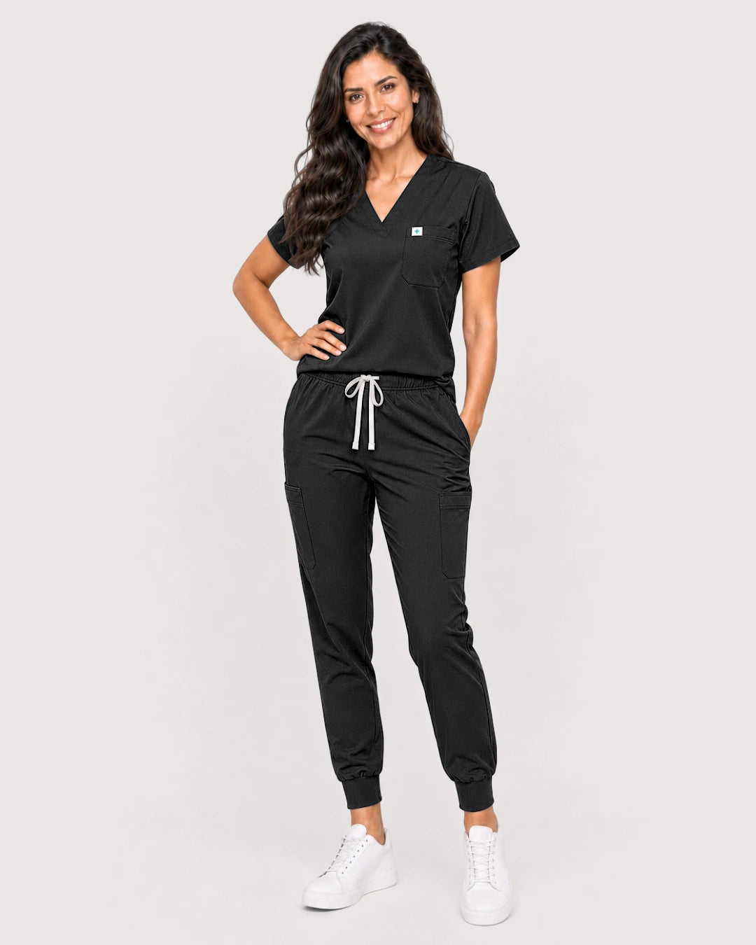 Black Eipnare Women's Knit V-Neck Jogger Scrub Set - Stretch Medical Scrubs for Women
