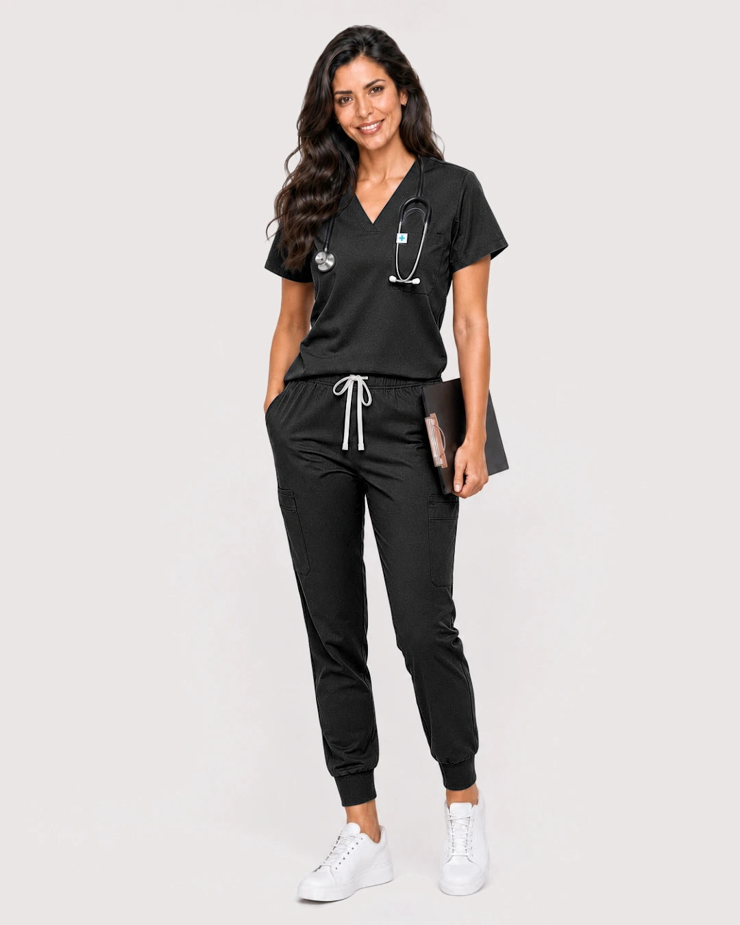 Black Eipnare Women's Knit V-Neck Jogger Scrub Set - Stretch Medical Scrubs for Women