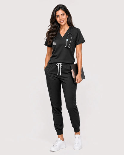 Black Eipnare Women's Knit V-Neck Jogger Scrub Set - Stretch Medical Scrubs for Women