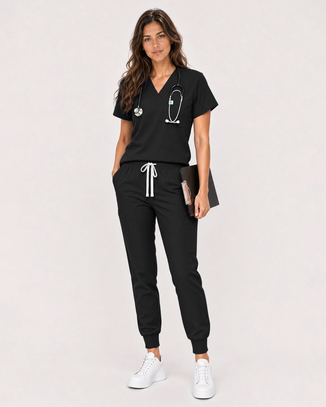 Black Eipnare Women's Classic V-Neck Jogger Scrub Set - Stretch Medical Scrubs for Women