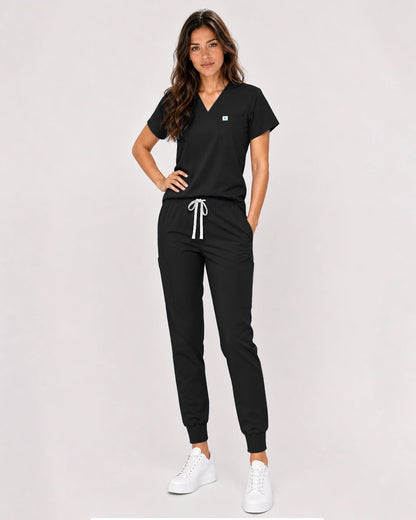 Black Eipnare Women's Classic V-Neck Jogger Scrub Set - Stretch Medical Scrubs for Women