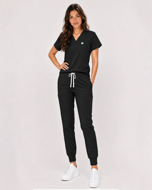 Black Eipnare Women's Classic V-Neck Jogger Scrub Set - Stretch Medical Scrubs for Women