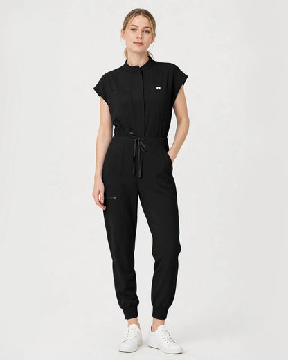 Black Eipnare Women's Zip-Front Sleeveless Scrub Jumpsuit - Stretch Medical Scrubs for Women
