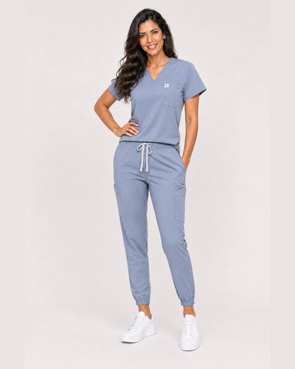 Blue Grey Eipnare Women's V-Neck Jogger Scrub Set - Stretch Medical Scrubs for Women