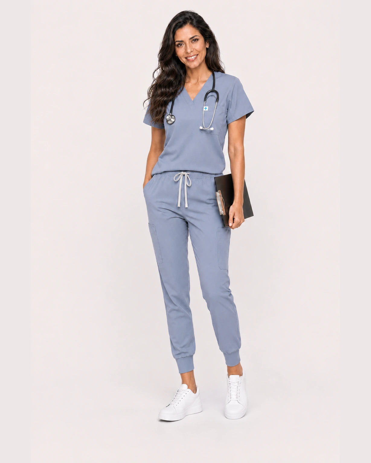 Blue Grey Eipnare Women's V-Neck Jogger Scrub Set - Stretch Medical Scrubs for Women