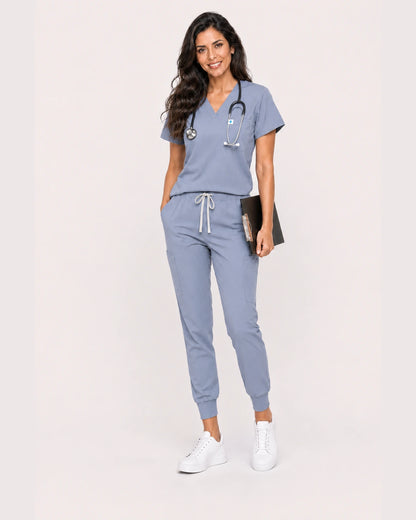Blue Grey Eipnare Women's V-Neck Jogger Scrub Set - Stretch Medical Scrubs for Women