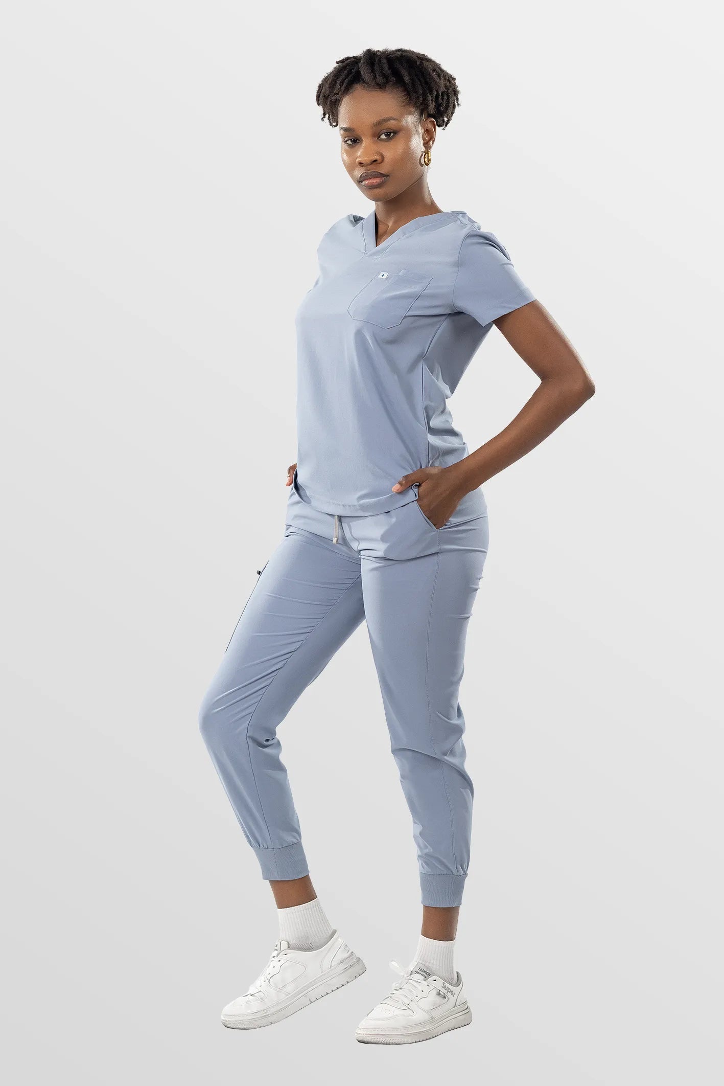 Blue Grey Eipnare Women's Soft Stretch V-Neck Scrub Top & Jogger Pants Set - Stretch Medical Scrubs for Women