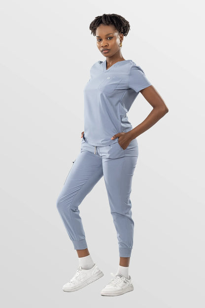 Blue Grey Eipnare Women's Soft Stretch V-Neck Scrub Top & Jogger Pants Set - Stretch Medical Scrubs for Women