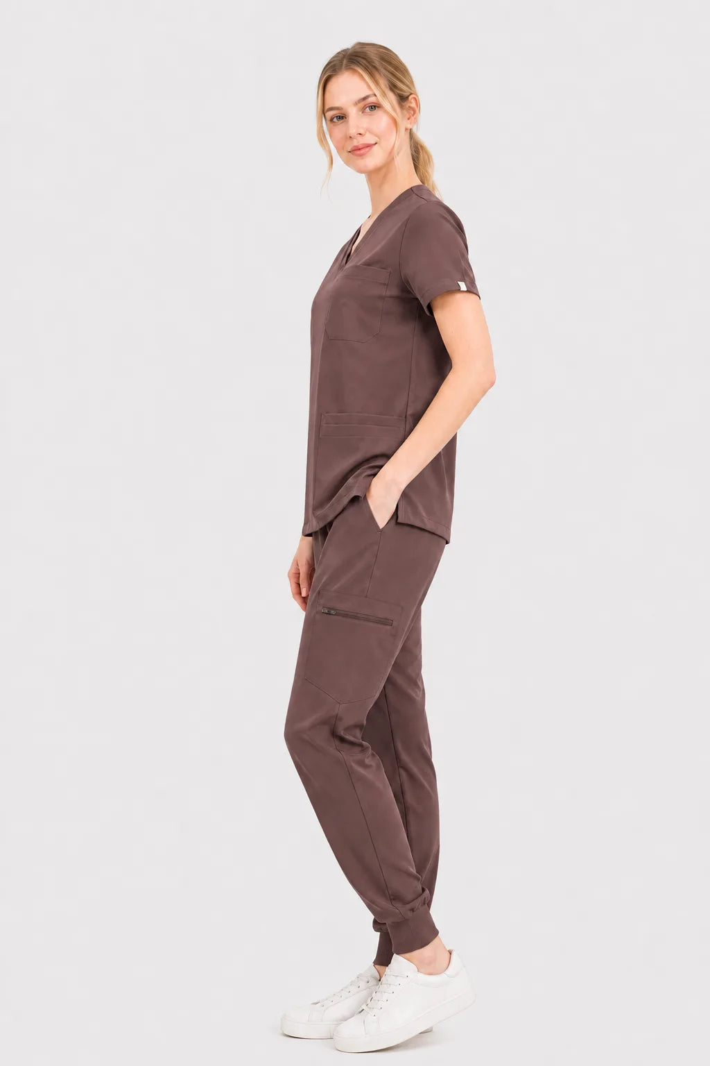 Brown Eipnare Women's V-Neck 8-Pocket Jogger Scrub Set - Stretch Medical Scrubs for Women