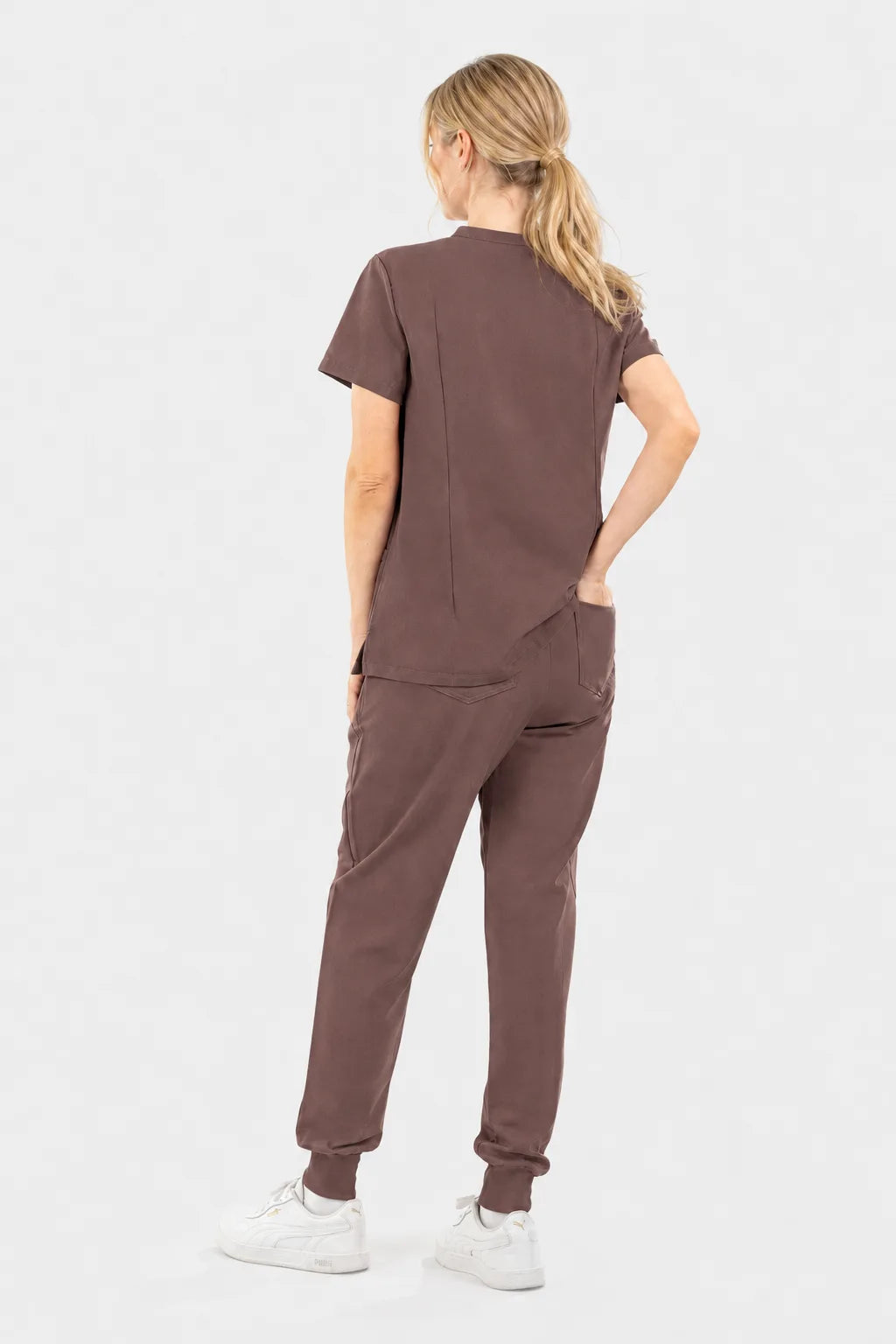 Brown Eipnare Women's V-Neck 8-Pocket Jogger Scrub Set - Stretch Medical Scrubs for Women