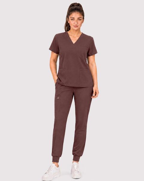 Eipnare Women's 3-Pocket V-Neck Jogger Scrub Set - Coffee