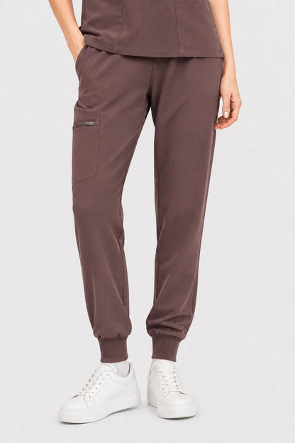 Brown Eipnare Women's V-Neck 8-Pocket Jogger Scrub Set - Stretch Medical Scrubs for Women