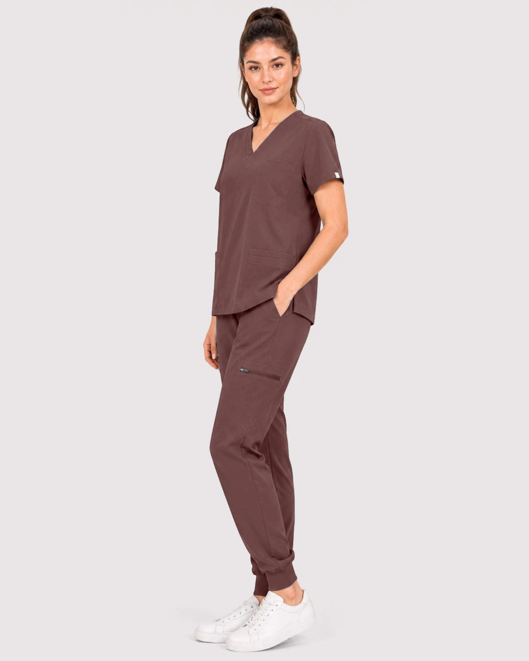 Coffee Eipnare Women's 3-Pocket V-Neck Jogger Scrub Set - Stretch Medical Scrubs for Women