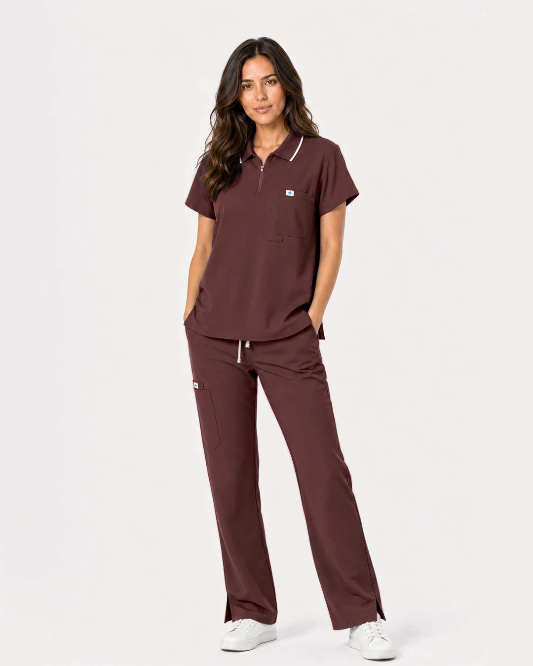Coffee Eipnare Women's Zip Polo Straight-Leg Scrub Set - Stretch Medical Scrubs for Women