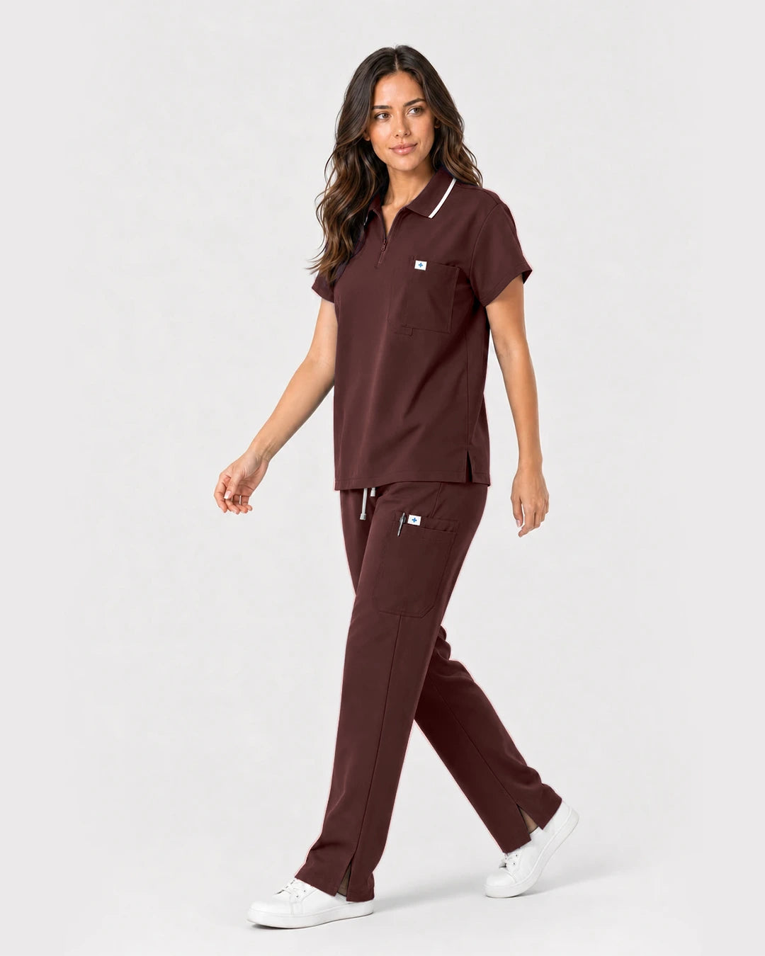 Coffee Eipnare Women's Zip Polo Straight-Leg Scrub Set - Stretch Medical Scrubs for Women