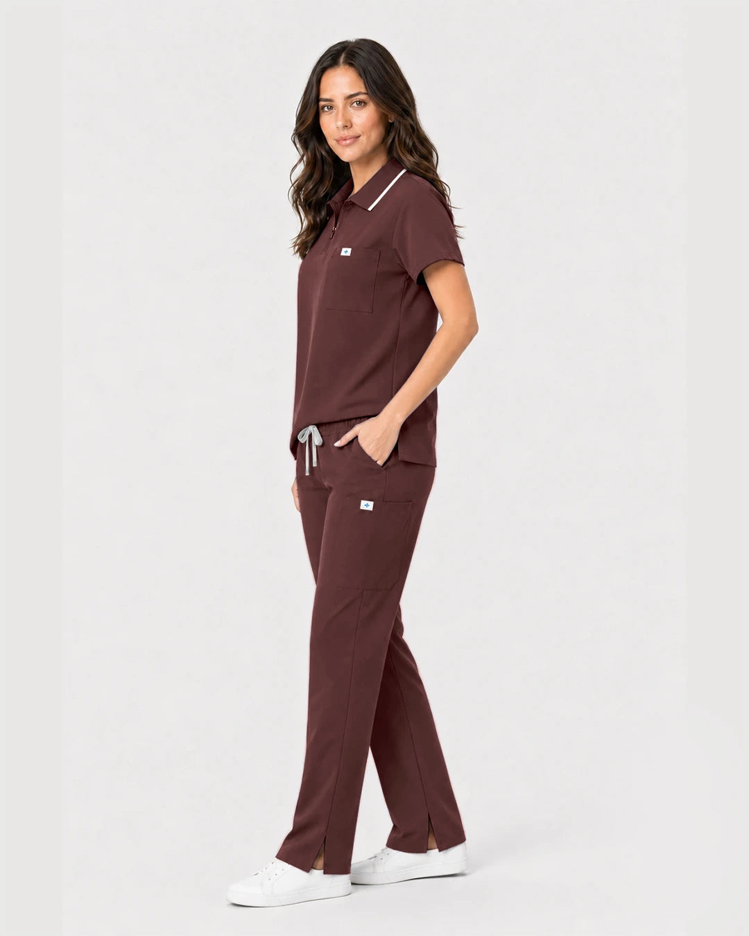 Coffee Eipnare Women's Zip Polo Straight-Leg Scrub Set - Stretch Medical Scrubs for Women