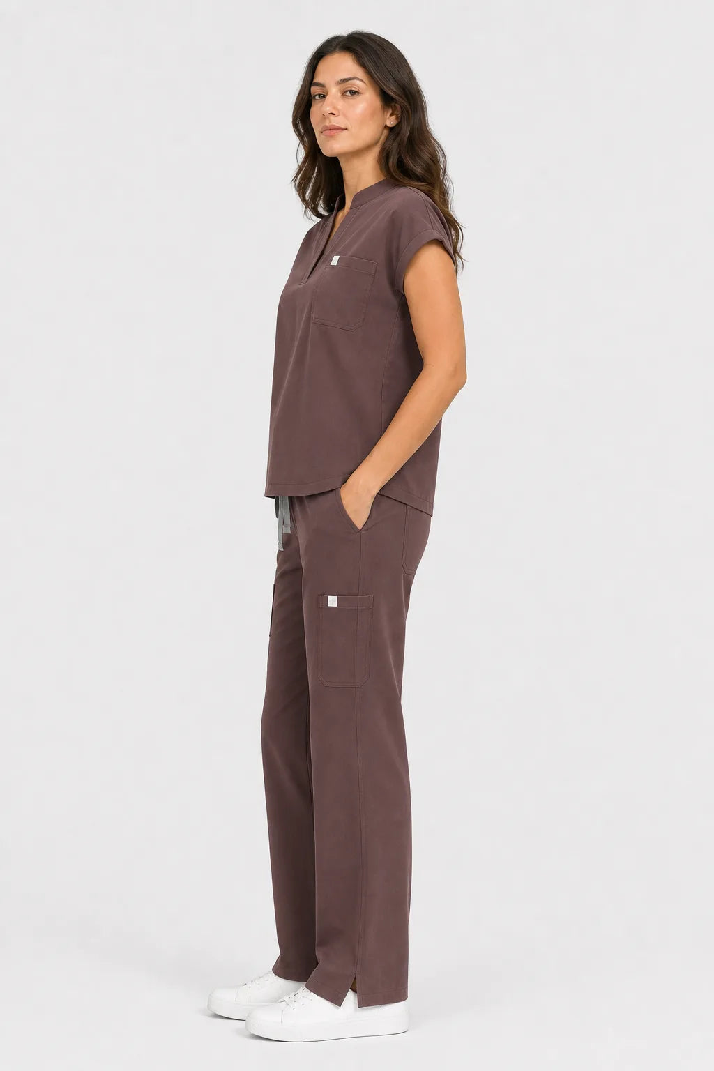 Brown Eipnare Women's Henley Sleeveless Straight-Leg Scrub Set - Stretch Medical Scrubs for Women