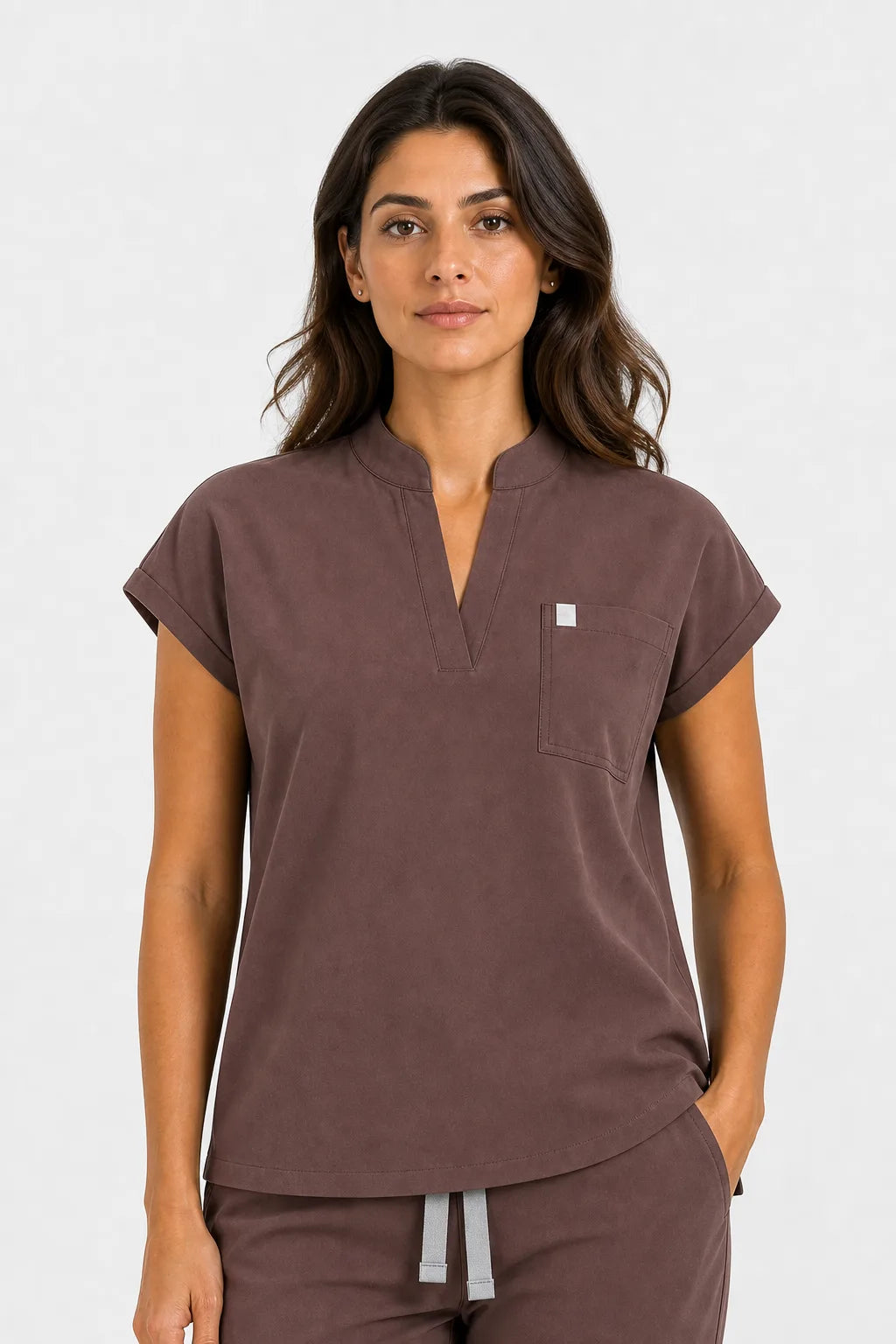 Brown Eipnare Women's Henley Sleeveless Straight-Leg Scrub Set - Stretch Medical Scrubs for Women