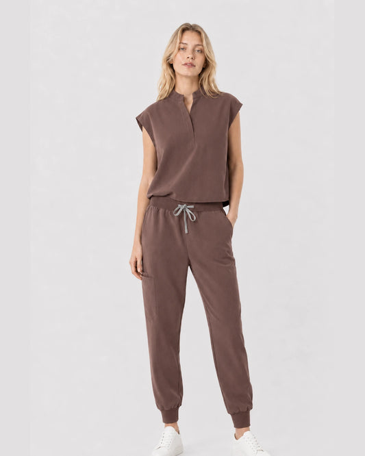Brown Eipnare Women's Sleeveless Mandarin Collar Jogger Scrub Set - Stretch Medical Scrubs for Women