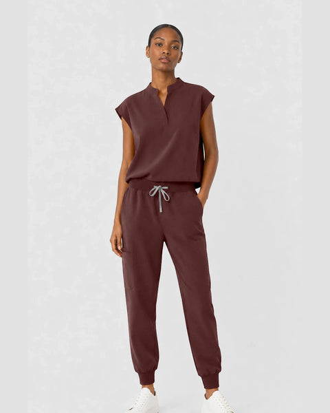 Eipnare Women's Sleeveless Mandarin Collar Jogger Scrub Set - Coffee